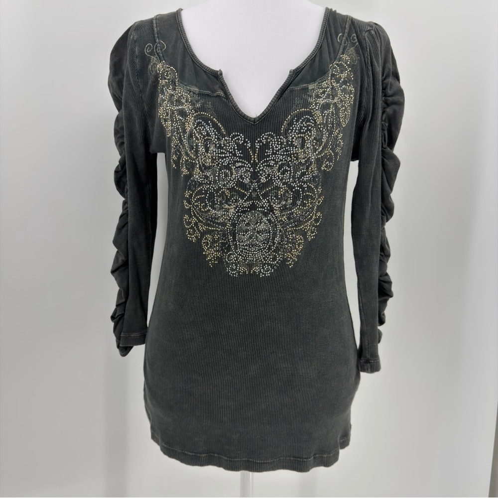 New Directions Y2K Bling Ruched Sleeve Tunic Top Rhinestone Embellished